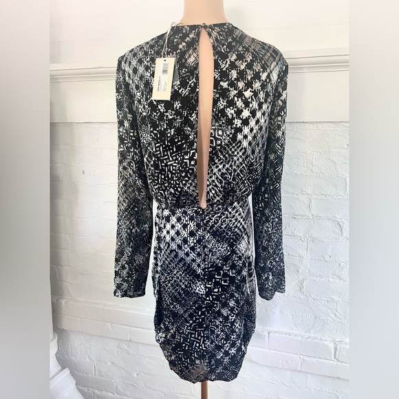 Ramy Brook Myla Mini Dress Black Houndstooth Burnout Multi Ruched Faux Wrap NWT - Picture 3 of 16